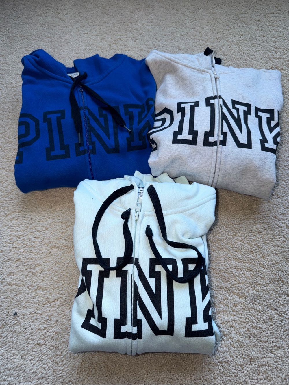 3 - PINK Victoria's Secret Zip-Up Hoodies in Royal Blue, Gray, and Mint Green